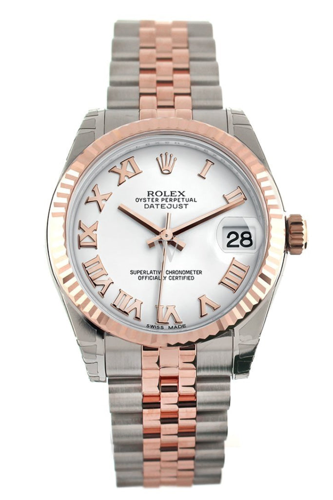 Rolex Datejust 31 White Roman Dial Fluted Bezel 18K Rose Gold Two Tone Jubilee Ladies Watch 178271 Pre-owned