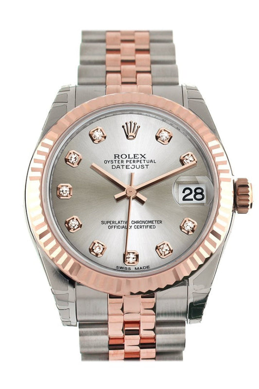 Rolex Datejust 31 Silver Diamond Dial  Fluted Bezel 18K Rose Gold Two Tone Jubilee Ladies Watch 178271 Pre-owned