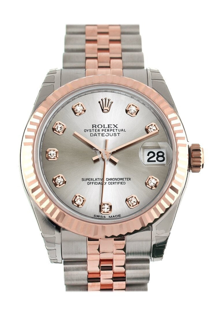 Rolex Datejust 31 Silver Diamond Dial  Fluted Bezel 18K Rose Gold Two Tone Jubilee Ladies Watch 178271 Pre-owned