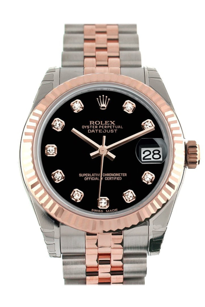 Rolex Datejust 31 Black Diamond Dial Fluted Bezel 18K Rose Gold Two Tone Jubilee Ladies Watch 178271 Pre-owned