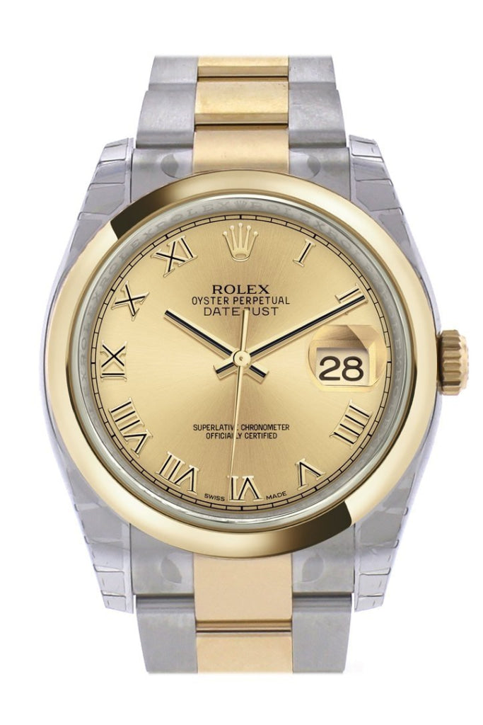 Rolex Datejust 36 Champagne Roman Dial 18k Gold Two Tone Oyster Watch 116203 Pre-owned