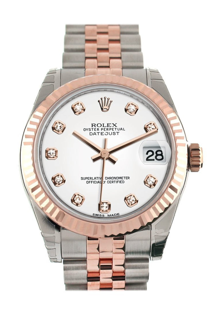 Rolex Datejust 31 White Diamond Dial Fluted Bezel 18K Rose Gold Two Tone Jubilee Ladies Watch 178271 Pre-owned