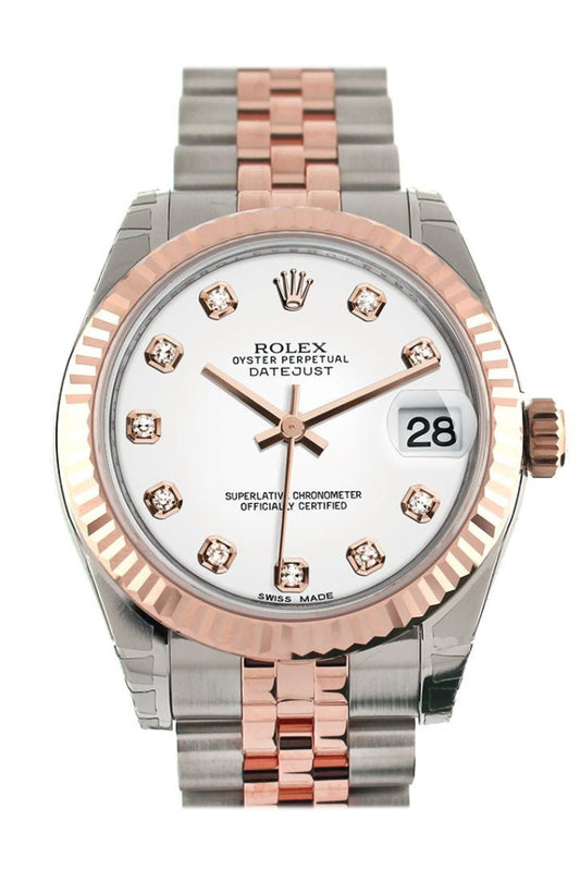 Rolex Datejust 31 White Diamond Dial Fluted Bezel 18K Rose Gold Two Tone Jubilee Ladies Watch 178271 Pre-owned