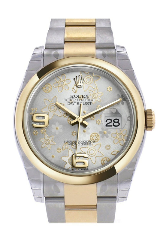 Rolex Datejust 36 Silver floral motif Dial 18k Gold Two Tone Oyster Watch 116203 Pre-owned