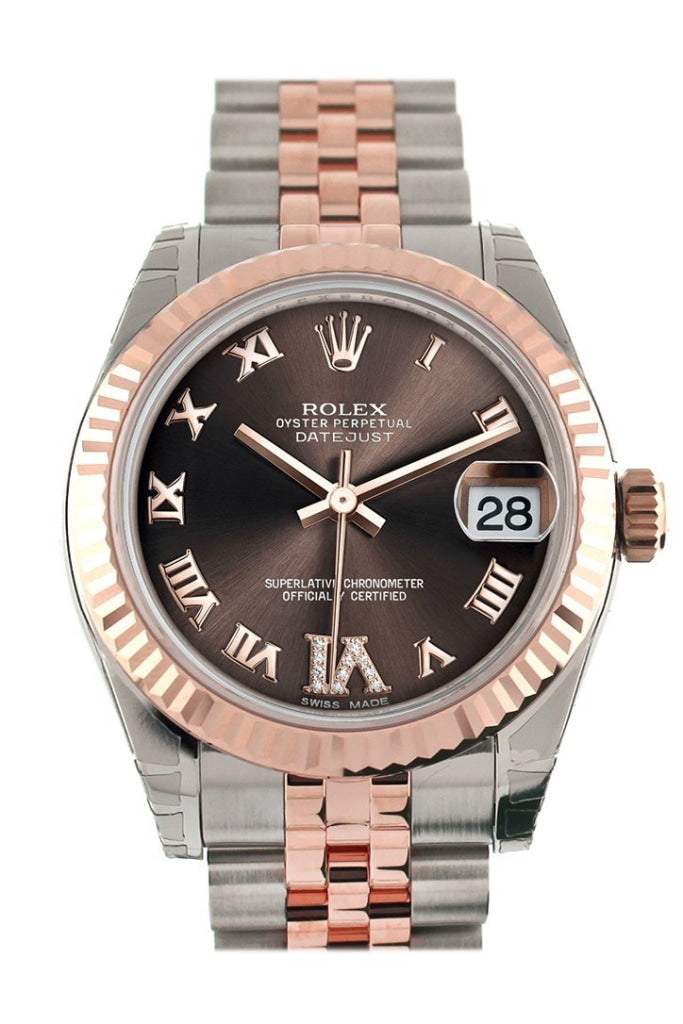 Rolex Datejust 31 Chocolate Roman Large VI Diamond Dial Fluted Bezel 18K Rose Gold Two Tone Jubilee Ladies Watch 178271 Pre-owned