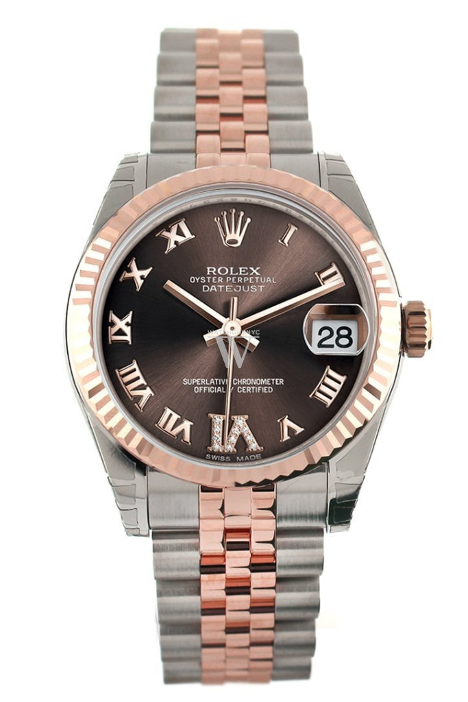 Rolex Datejust 31 Chocolate Roman Large VI Diamond Dial Fluted Bezel 18K Rose Gold Two Tone Jubilee Ladies Watch 178271 Pre-owned