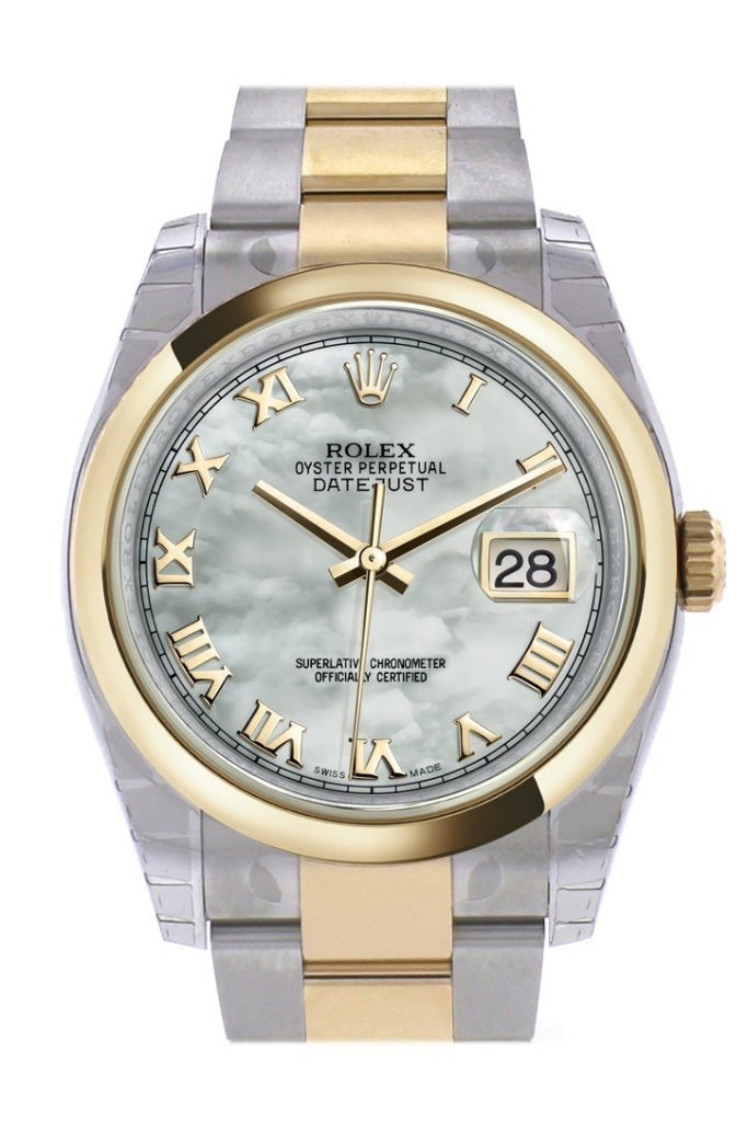 Rolex Datejust 36 White mother-of-pearl Roman Dial 18k Gold Two Tone Oyster Watch 116203 Pre-owned