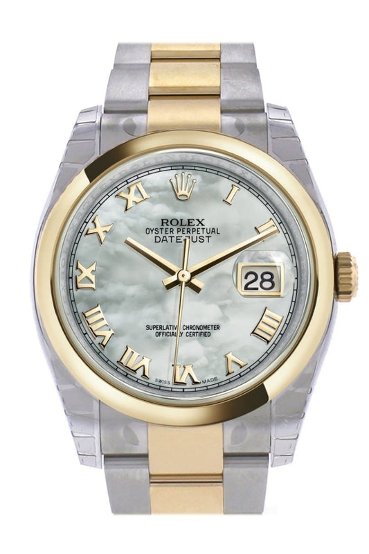 Rolex Datejust 36 White mother-of-pearl Roman Dial 18k Gold Two Tone Oyster Watch 116203 Pre-owned