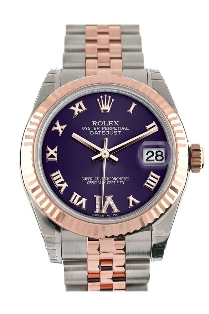 Rolex Datejust 31 Purple Roman Large VI Diamond Dial Fluted Bezel 18K Rose Gold Two Tone Jubilee Ladies Watch 178271 Pre-owned