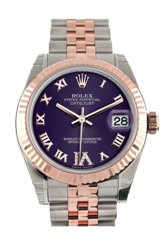 Rolex Datejust 31 Purple Roman Large VI Diamond Dial Fluted Bezel 18K Rose Gold Two Tone Jubilee Ladies Watch 178271 Pre-owned