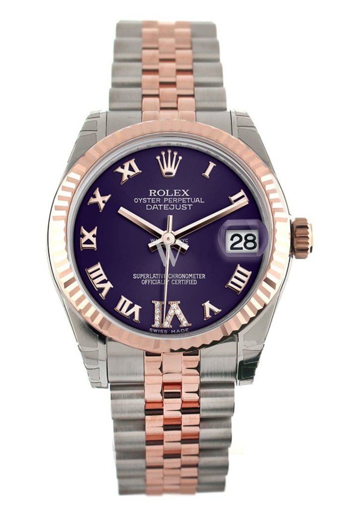 Rolex Datejust 31 Purple Roman Large VI Diamond Dial Fluted Bezel 18K Rose Gold Two Tone Jubilee Ladies Watch 178271 Pre-owned