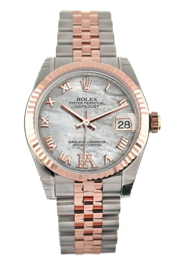 Rolex Datejust 31 White Mother of Pearl Roman Large VI Diamond Dial Fluted Bezel 18K Rose Gold Two Tone Jubilee Watch 178271 Pre-owned