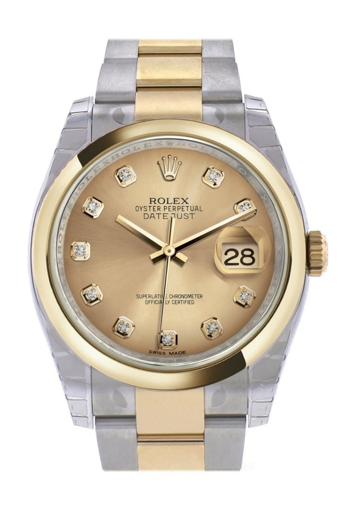 Rolex Datejust 36 Champagne-colour Diamond Dial 18k Gold Two Tone Oyster Watch 116203 Pre-owned