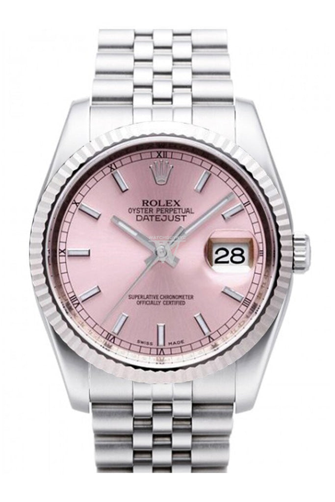 Rolex Datejust 36 Pink Dial 18k White Gold Fluted Bezel Stainless Steel Jubilee Watch 116234 Pre-owned