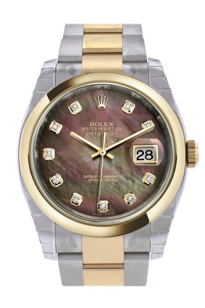 Rolex Datejust 36 Black mother-of-pearl Diamond Dial 18k Gold Two Tone Oyster Watch 116203 Pre-owned
