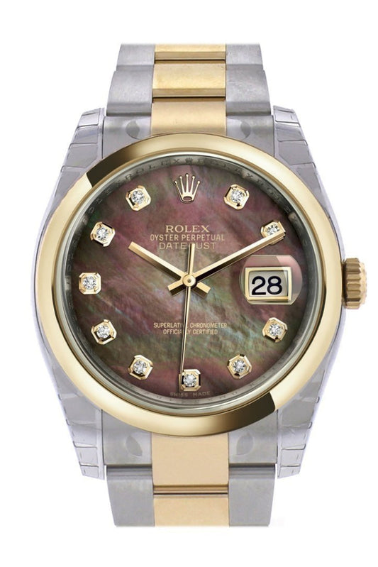 Rolex Datejust 36 Black mother-of-pearl Diamond Dial 18k Gold Two Tone Oyster Watch 116203 Pre-owned
