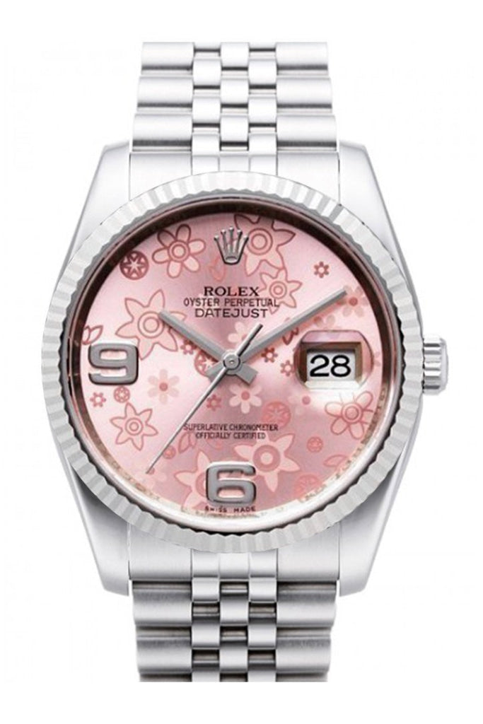 Rolex Datejust 36 Pink Floral Dial 18k White Gold Fluted Bezel Stainless Steel Jubilee Watch 116234 Pre-owned
