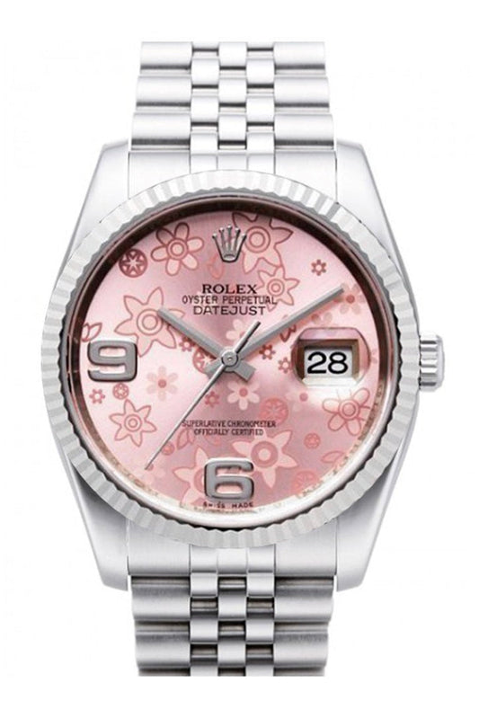 Rolex Datejust 36 Pink Floral Dial 18k White Gold Fluted Bezel Stainless Steel Jubilee Watch 116234 Pre-owned