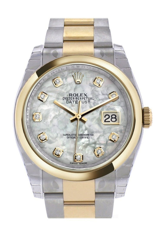 Rolex Datejust 36 White mother-of-pearl Diamond Dial 18k Gold Two Tone Oyster Watch 116203 Pre-owned