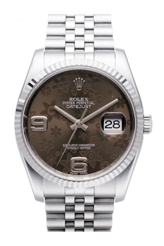 Rolex Datejust 36 Bronze Floral Dial 18k White Gold Fluted Bezel Stainless Steel Jubilee Watch 116234 Pre-owned