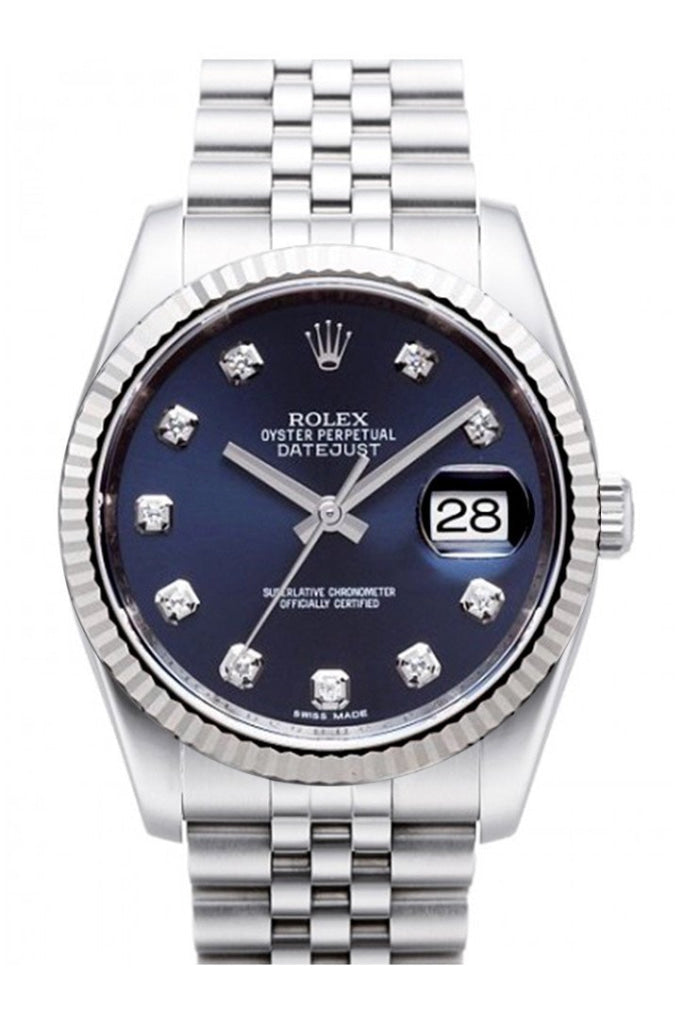 Rolex Datejust 36 Blue Diamond Dial 18k White Gold Fluted Bezel Stainless Steel Jubilee Watch 116234 Pre-owned