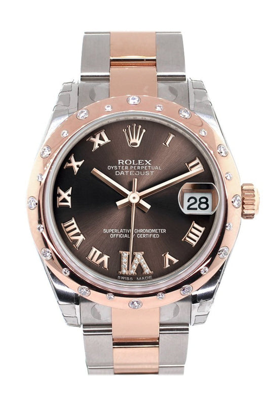 Rolex Datejust 31 Chocolate Roman Large VI Diamond Dial Diamond Bezel 18K Rose Gold Two Tone Ladies Watch 178341 Pre-owned