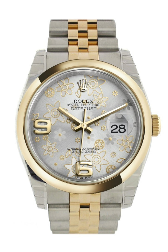 Rolex Datejust 36 Silver floral motif Dial 18k Gold Two Tone Jubilee Watch 116203 Pre-owned