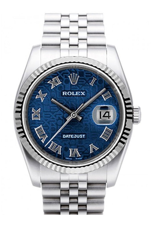 Rolex Datejust 36 Blue Jubilee Dial 18k White Gold Fluted Bezel Stainless Steel Jubilee Watch 116234 Pre-owned