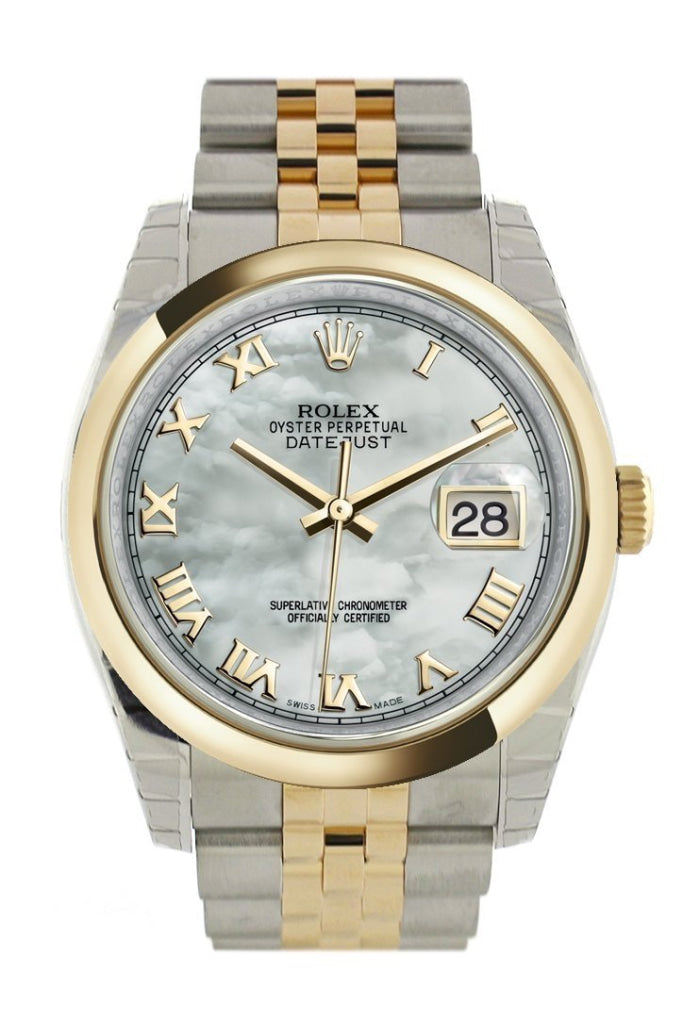 Rolex Datejust 36 White mother-of-pearl Roman Dial 18k Gold Two Tone Jubilee Watch 116203 Pre-owned