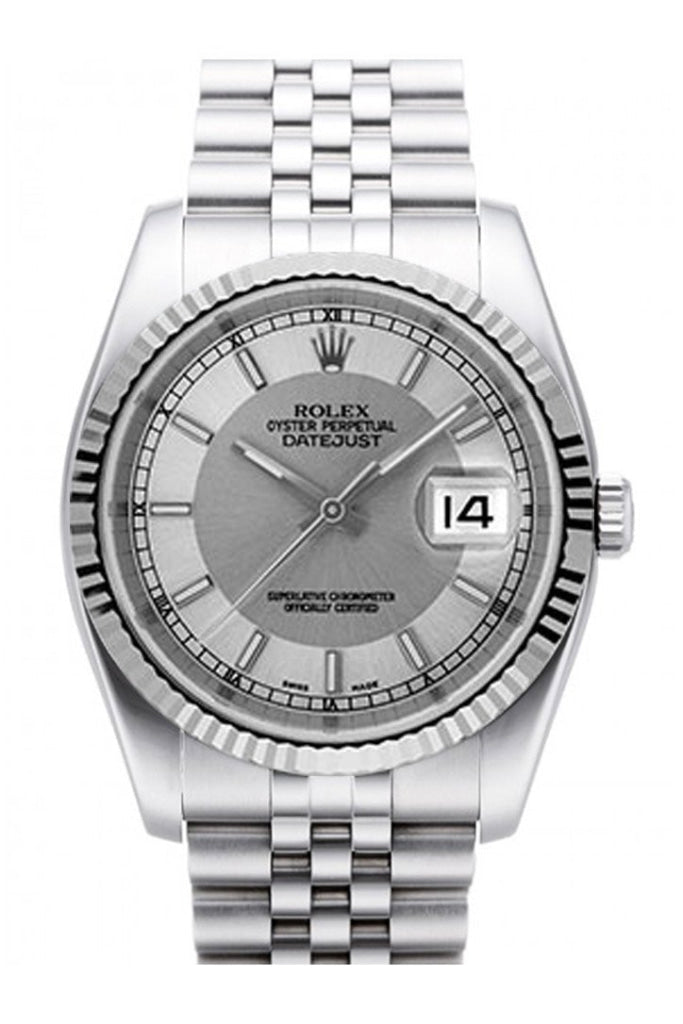 Rolex Datejust 36 Steel Silver Dial 18k White Gold Fluted Bezel Stainless Steel Jubilee Watch 116234 Pre-owned