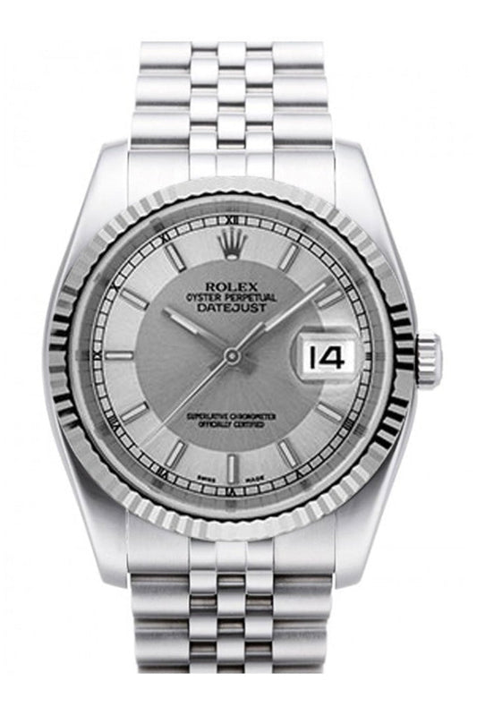 Rolex Datejust 36 Steel Silver Dial 18k White Gold Fluted Bezel Stainless Steel Jubilee Watch 116234 Pre-owned