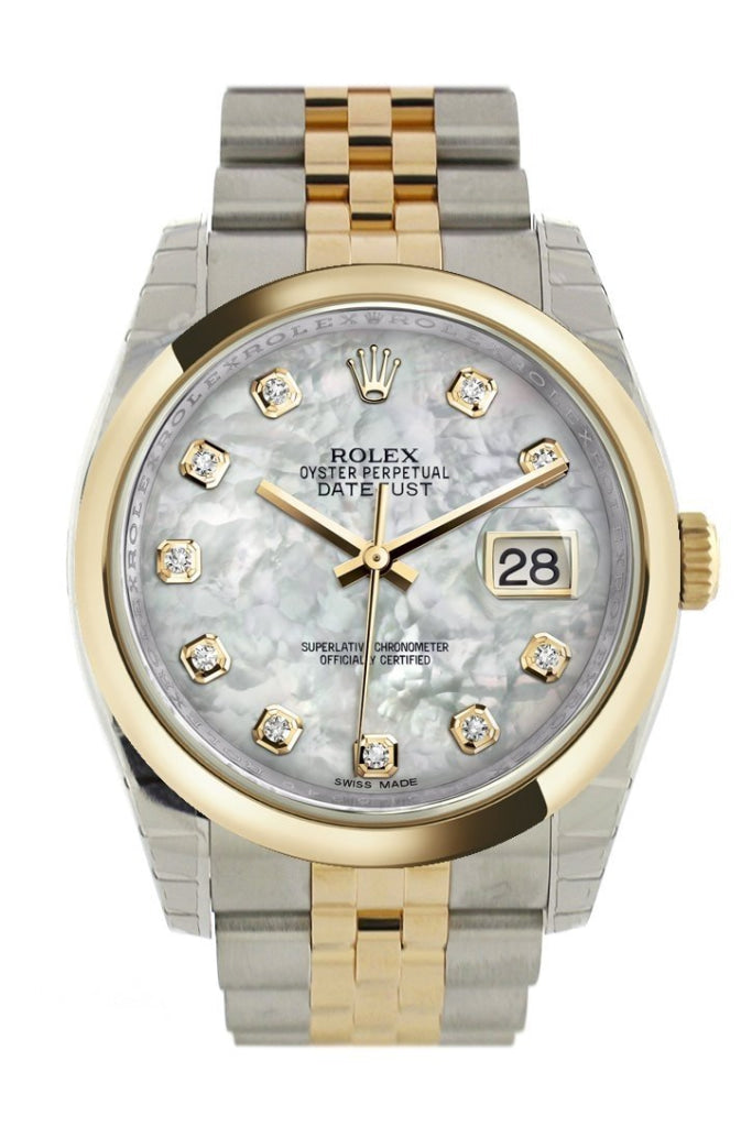 Rolex Datejust 36 White mother-of-pearl Diamond Dial 18k Gold Two Tone Jubilee Watch 116203 Pre-owned
