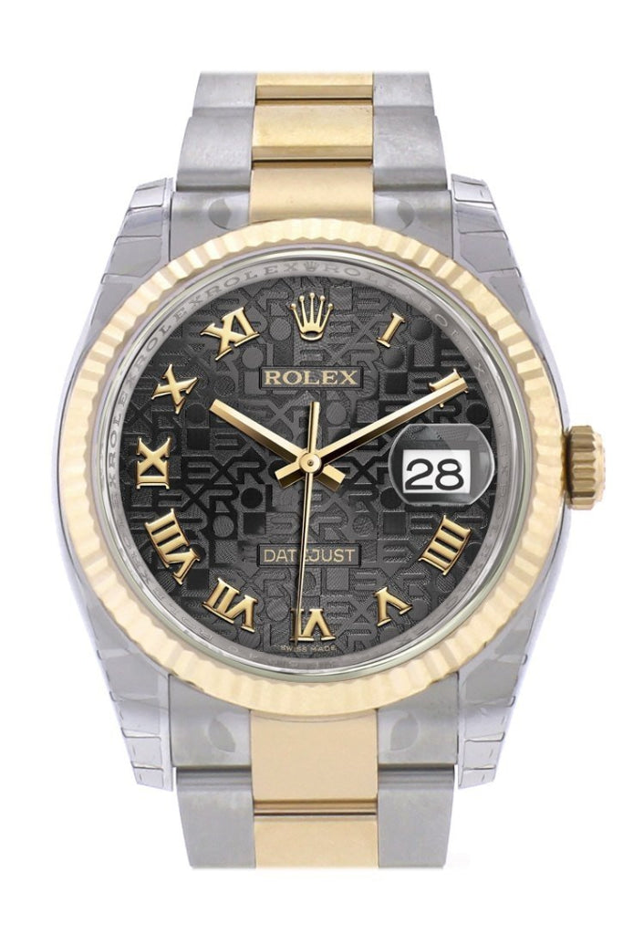 Rolex Datejust 36 Black Jubilee Roman Dial Fluted 18K Gold Two Tone Oyster Watch 116233 Pre-owned