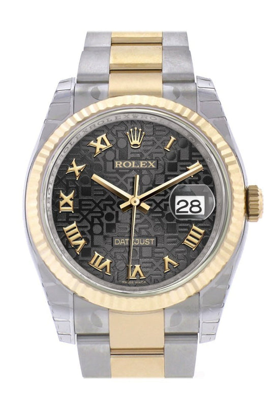 Rolex Datejust 36 Black Jubilee Roman Dial Fluted 18K Gold Two Tone Oyster Watch 116233 Pre-owned