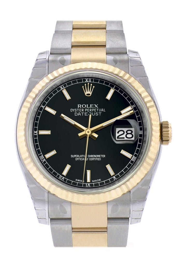 Rolex Datejust 36 Black Dial Fluted 18K Gold Two Tone Oyster Watch 116233 Pre-owned