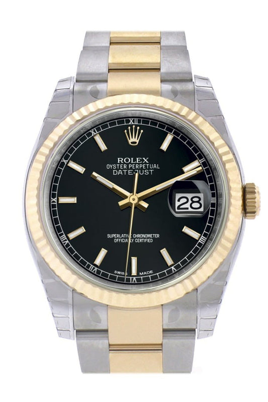 Rolex Datejust 36 Black Dial Fluted 18K Gold Two Tone Oyster Watch 116233 Pre-owned