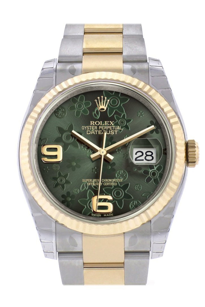Rolex Datejust 36 Green floral motif Dial Fluted 18K Gold Two Tone Oyster Watch 116233 Pre-owned