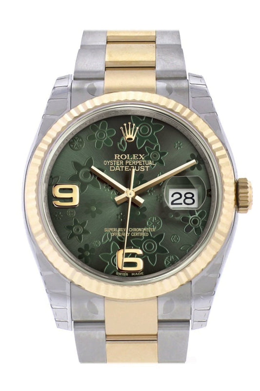 Rolex Datejust 36 Green floral motif Dial Fluted 18K Gold Two Tone Oyster Watch 116233 Pre-owned