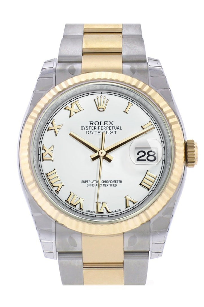 Rolex Datejust 36 White Roman Dial Fluted 18K Gold Two Tone Oyster Watch 116233 Pre-owned