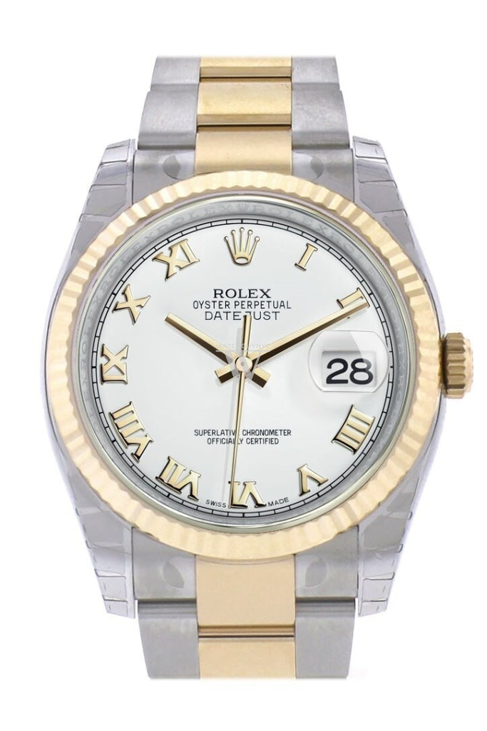 Rolex Datejust 36 White Roman Dial Fluted 18K Gold Two Tone Oyster Watch 116233 Pre-owned