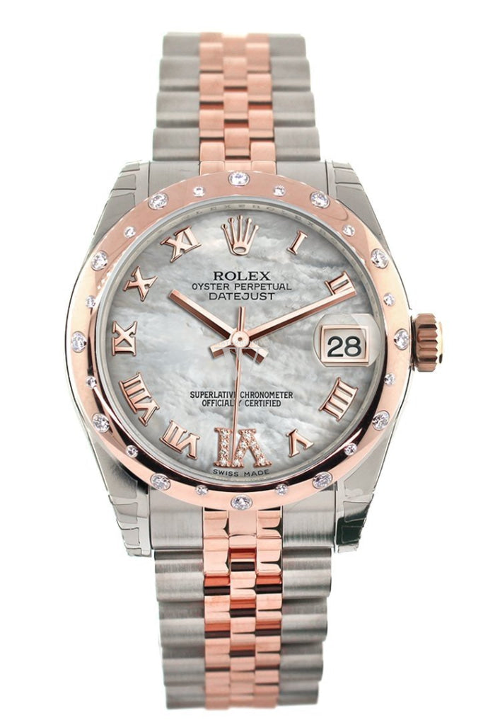 Rolex Datejust 31 White Mother of Pearl Roman Large VI Diamond Dial Diamond Bezel 18K Rose Gold Two Tone Jubilee Watch 178341 Pre-owned