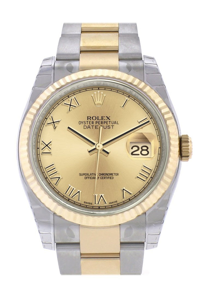 Rolex Datejust 36 Champagne Roman Dial Fluted 18K Gold Two Tone Oyster Watch 116233 Pre-owned
