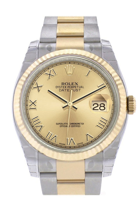 Rolex Datejust 36 Champagne Roman Dial Fluted 18K Gold Two Tone Oyster Watch 116233 Pre-owned
