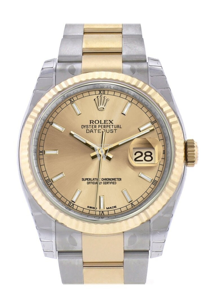 Rolex Datejust 36 Champagne Dial Fluted 18K Gold Two Tone Oyster Watch 116233 Pre-owned