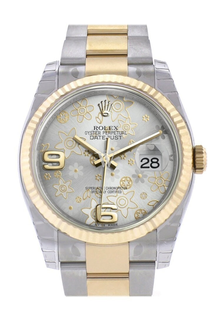 Rolex Datejust 36 Silver floral motif Dial Fluted 18K Gold Two Tone Oyster Watch 116233 Pre-owned