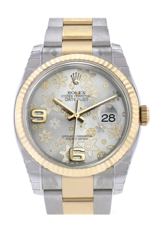 Rolex Datejust 36 Silver floral motif Dial Fluted 18K Gold Two Tone Oyster Watch 116233 Pre-owned