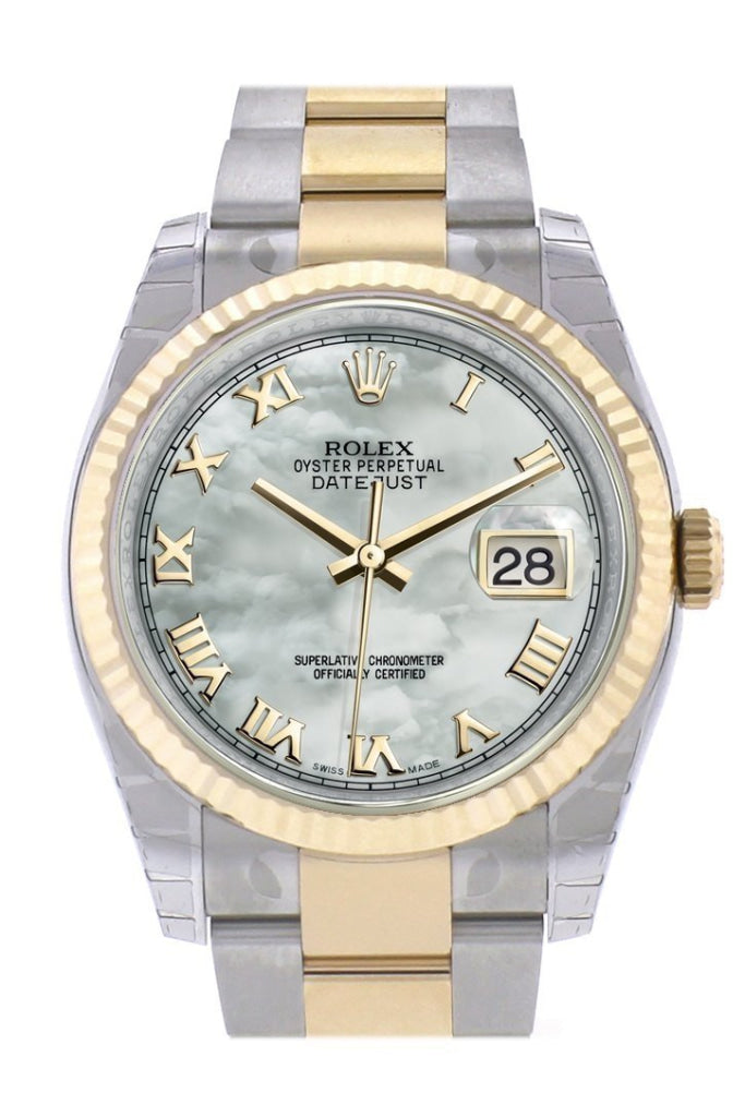 Rolex Datejust 36 White mother-of-pearl Roman Dial Fluted 18K Gold Two Tone Oyster Watch 116233 Pre-owned