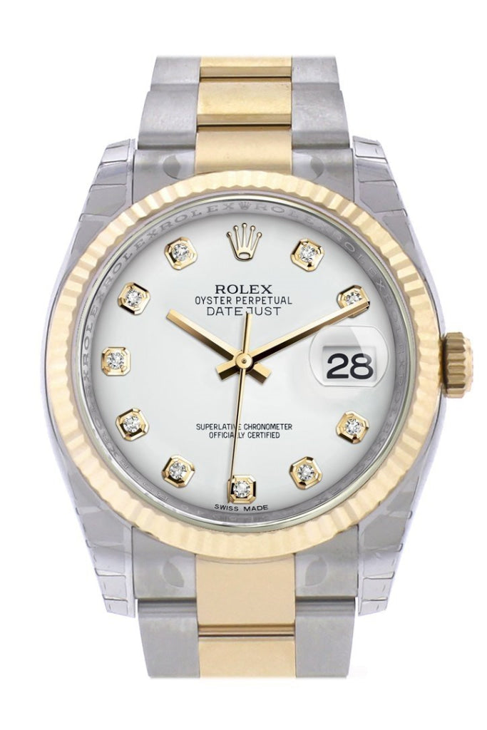 Rolex Datejust 36 White Diamond Dial Fluted 18K Gold Two Tone Oyster Watch 116233 Pre-owned