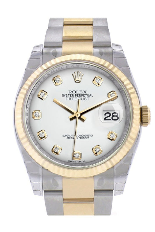Rolex Datejust 36 White Diamond Dial Fluted 18K Gold Two Tone Oyster Watch 116233 Pre-owned