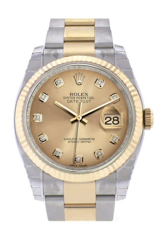 Rolex Datejust 36 Champagne-colour Diamond Dial Fluted 18K Gold Two Tone Oyster Watch 116233 Pre-owned